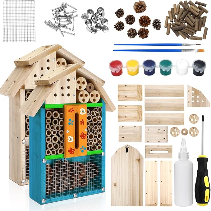 2 Set Bug Hotel Kit DIY Insect Hotel Lady Bug House for Garden DIY Cedar Wood Craft for Butterfly, Ladybird, Beneficial Insect Habitat Mason Bee House, 13.6 x 10.8 x 2.8 Inch(B)