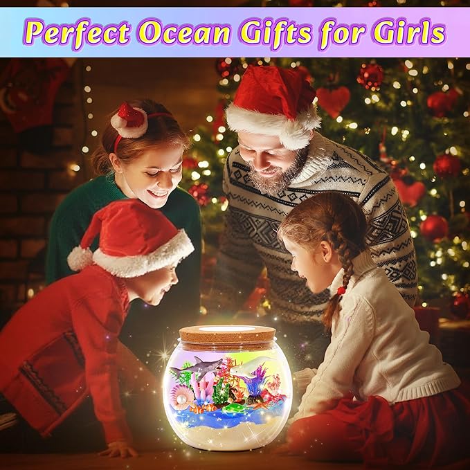 Ocean Light Up Terrarium Kit for Kids - Sea Animal Toys LED Night Light Birthday Gift for Boys & Girls Ages 4 5 6 7 8-12, Kids Arts & Crafts Kit