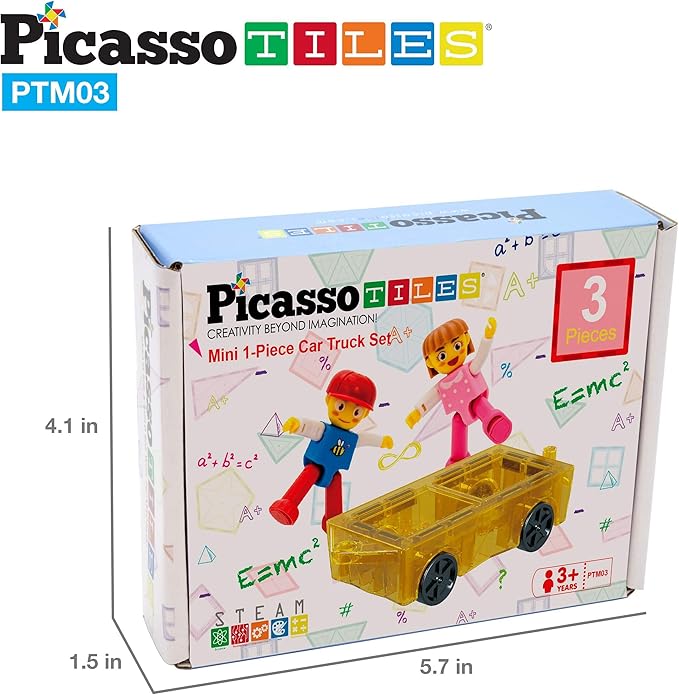 PicassoTiles Mini Magnetic Tiles Expansion Car Truck and Figures Play Set, Kids Building Magnet Bricks STEM & Learning Toys, Magnetic Add-ons, Car Toys, Toddler Preschool 3 years and up boys and girls