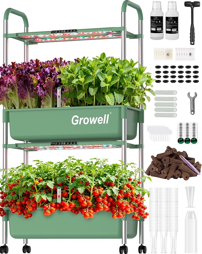 Large Hydroponics Growing System Kit, Vertical Indoor Herb Garden Kit with LED Grow Light & Independent Water Pump, 28L Movable Indoor Planter Perfect Gardening Gifts (2 Tier-54 Pods Green)