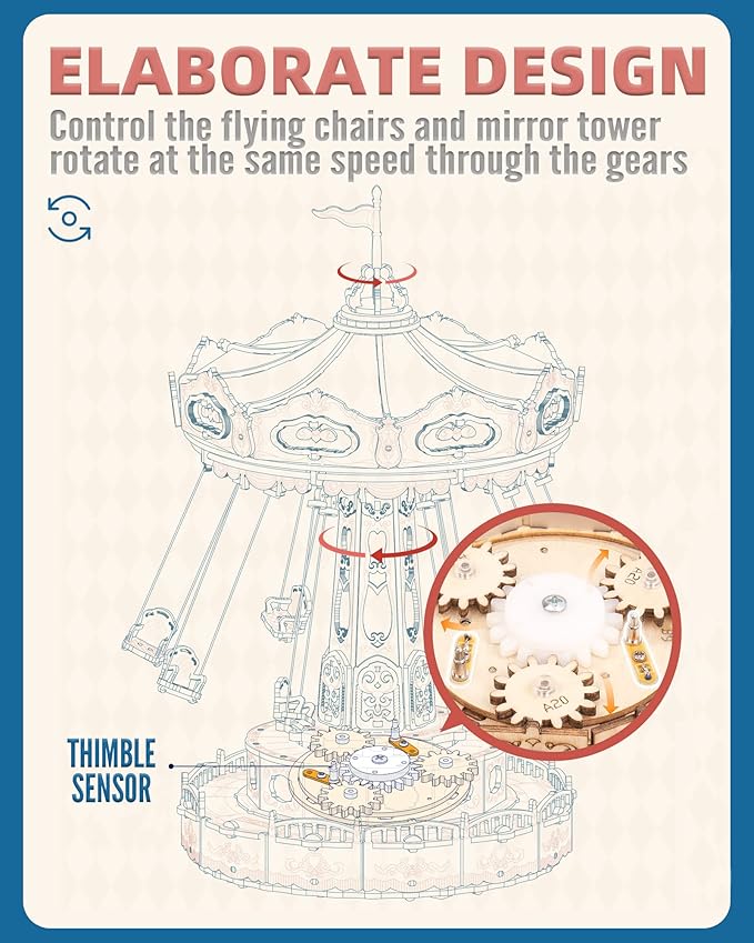 ROKR 3D Puzzles for Adults-Projects for Teens-LED Swing Ride Model Building Kit-Music Box DIY Kit-Gift for Teens and Adults