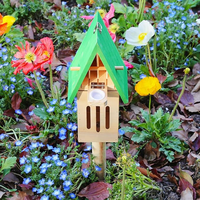 Wooden Butterfly House with Feeder – Outdoor Butterfly Habitat for Garden, Includes Ground Stake & Hanging Hook, Natural Garden Decor