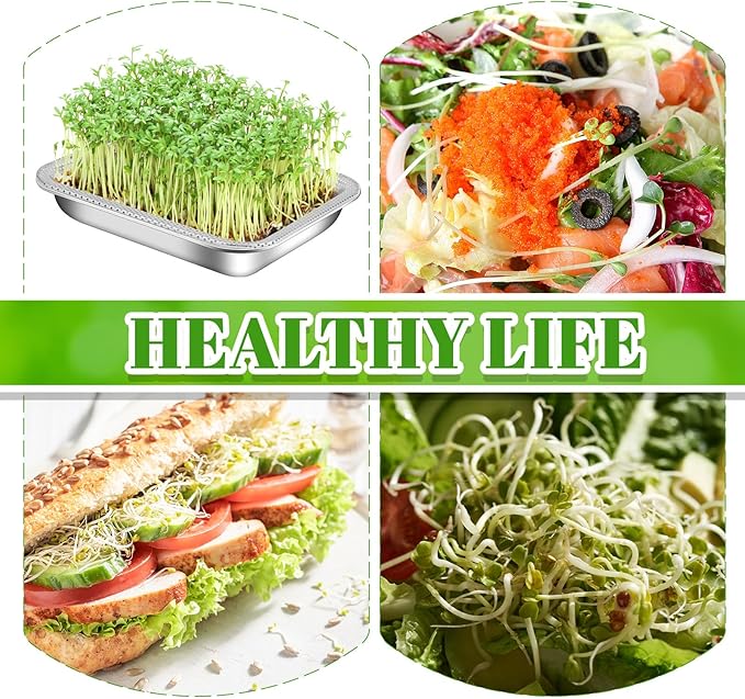 9 Pcs Seed Sprouting Kit Seed Sprouter Growing Tray Microgreens Growing Kit Stainless Steel Plant Germination Tray with Filter Pad Mesh Mat Bean Sprout Grower for Beans Broccoli Alfalfa Wheat Grass