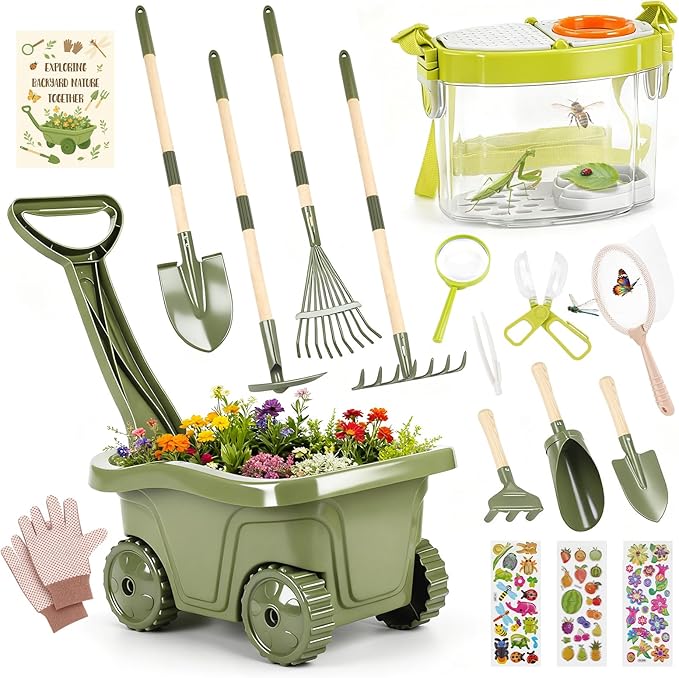 Dreamon Kids Gardening Tools & Bug Catcher Kit, 2-in-1 Outdoor Toys with Wheelbarrow and Bug House, STEM Educational Toys for 3 Year Old, Birthday Gifts Outdoor Gifts for Kids 3-5