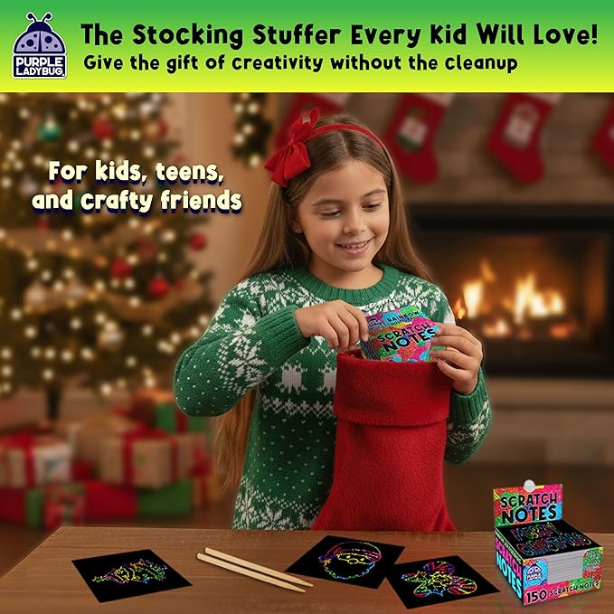 PURPLE LADYBUG Rainbow Holographic Scratch Art Mini Notes - Kids Stocking Stuffers for Teen Girls Gifts Trendy Stuff, Small Gifts for Teens, Tween & Preteen Craft Christmas Gift