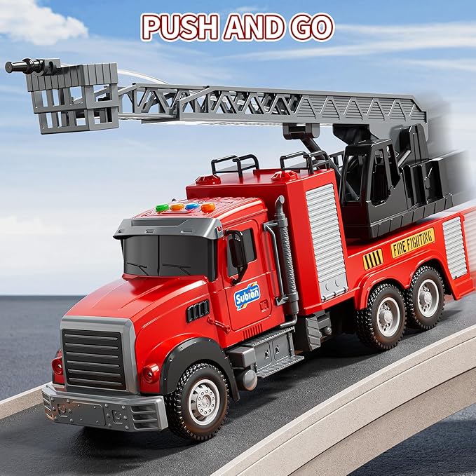 Kids Fire Truck Toy Friction Powered Fire Rescue Truck Vehicle Toy with Lights and Sirens Sounds, Water Pump, Ladder, Gifts for 3 4 5 6 7 8 Years Old Boys Girls