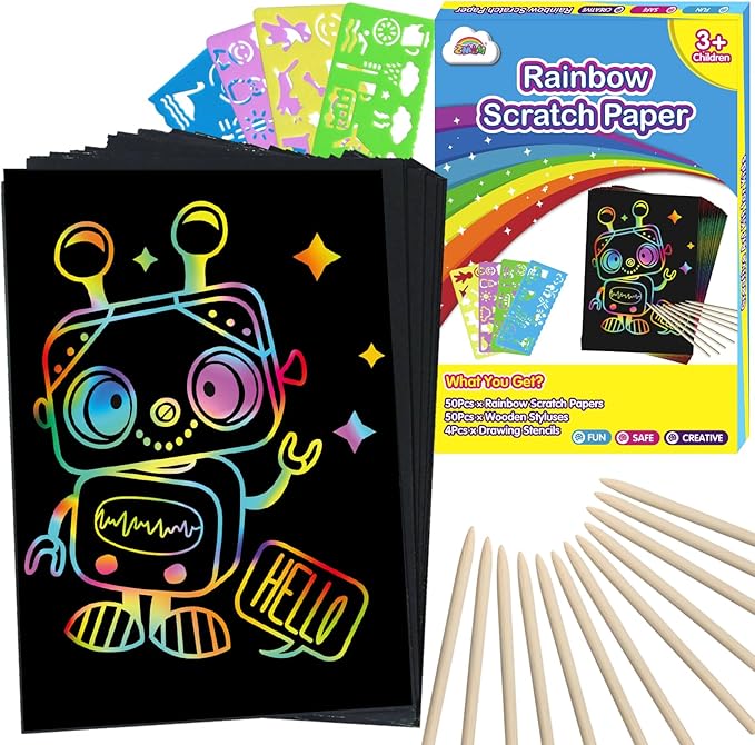 ZMLM Scratch Art Crafts Boys Gifts, 100pcs Rainbow Scratch Paper Art for 3 4 5 6 7 8 9 Years Old Girls and Boys Kids, Arts and Crafts for Kids 4-6 Christmas Gifts Toys and Party Favors (Blue)