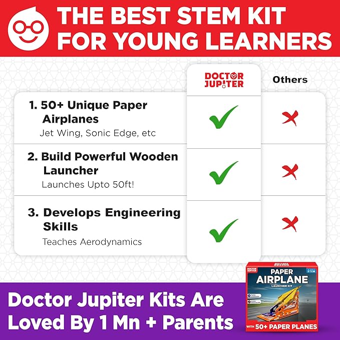 Doctor Jupiter Paper Airplane Book Kit, Crafts for Kids Ages 6+ | Birthday Gift Ideas for 6-7-8-9-10-11-12 Year Old Boys & Girls | Learning & Educational STEM Toy with 50 Paper Airplanes and Launcher