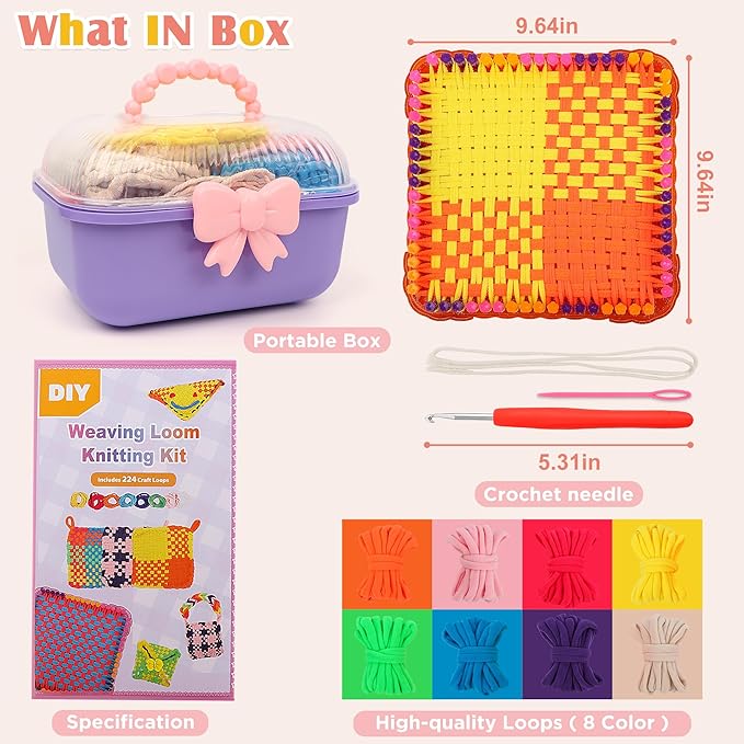 Weaving Loom Kit for Kids Ages 8-12, DIY Arts and Crafts Loom Knitting Projects Set, Ideas Birthday Gifts for Girls Toys, Crochet Kit for Beginners Potholder Tools Creative Supplies With Elastic Cord