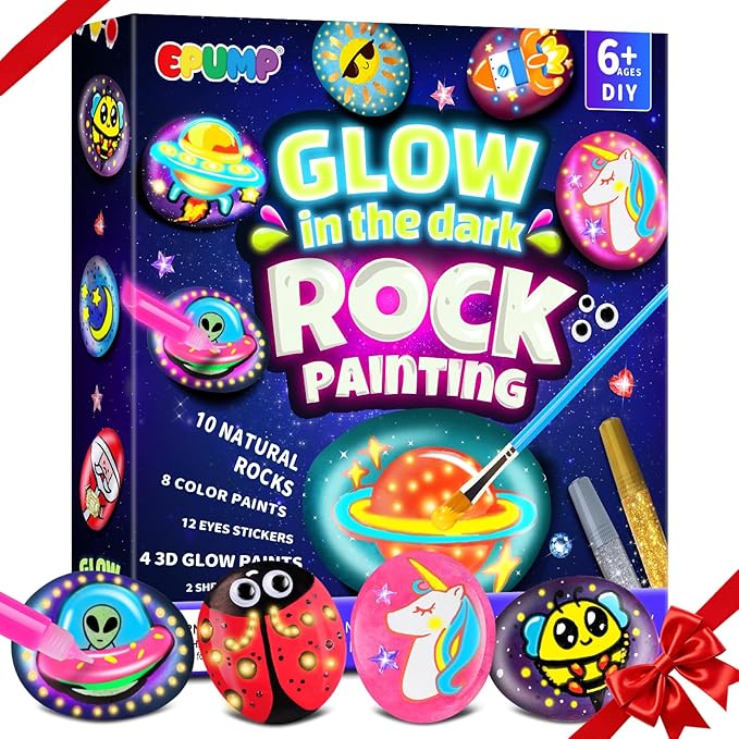 EPUMP Rock Painting Kit for Kids - Glow in The Dark Arts and Crafts Supplies Kits for Girls Boys - Kids Activities Creative Art Set Birthday Gifts DIY Paint Toys for Age 6 7 8 9 10 11 12 Years Old
