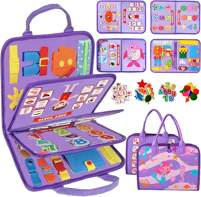 Qizfun Montessori Busy Board Book for Toddlers, Mermaid Sensory Learning Toy for Girls, Educational Fine Motor Skills Toy, Travel Busy Board for Car & Airplane