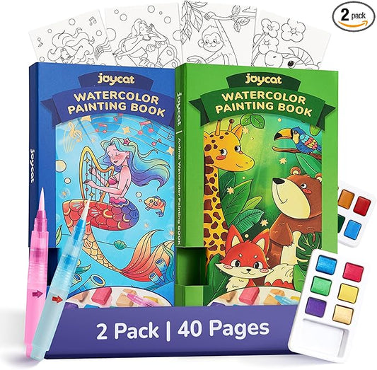 JoyCat 2 Pack Pocket Paint with Water Coloring Books for Kids, Art & Craft Activity Toy Set, Creative Travel & Home Painting Kit, Gifts for Girls & Boys Ages 3-8 (Ocean Princess & Animals)