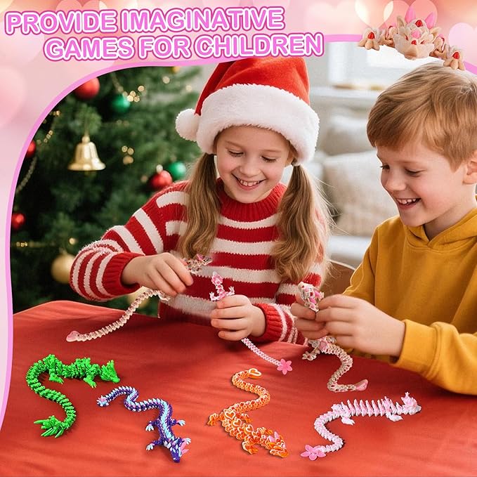 3D Printed Dragon Cherry Blossom and Heart Cookie Dragons, Articulated Fidget Toys for Autism and ADHD, Perfect Basket Essentials Stuffers and Desk Accessories