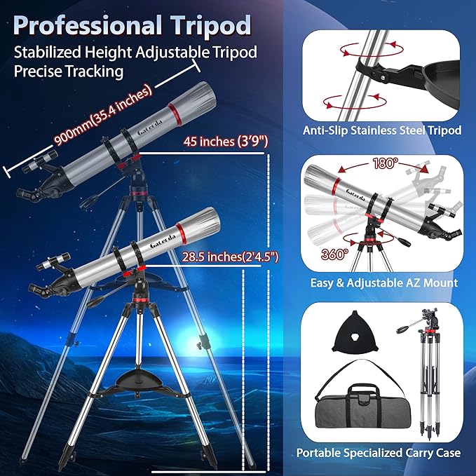 Telescope, 90mm Aperture 900mm Refractor Telescope for Adults High Powered, Astronomical Telescopes for Adults Astronomy Beginners with Professional Eyepieces, Tripod, Phone Adapter&Carry Bag