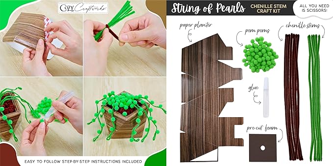 WeVeel Cozy Craftworks Chenille Stem Plant Craft Kit for Adults – Create 4 Botanical Designs (String of Pearls, Snake Plant, Cactus & Mushroom) – Relaxing DIY Arts & Crafts Kit with All Supplies