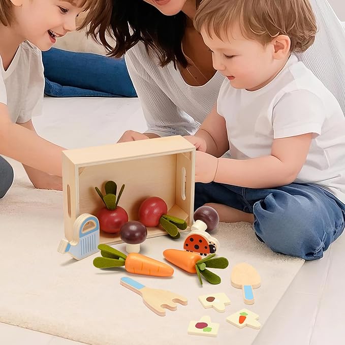 Wooden Play Food Set for Kids Kitchen Accessories, Montessori Gardening Playset for Kids Pretend Play Food, Plant & Harvest Toy Kit, Educational Toy Gift for 3 4 5 6 7 Years Old Boys Girls