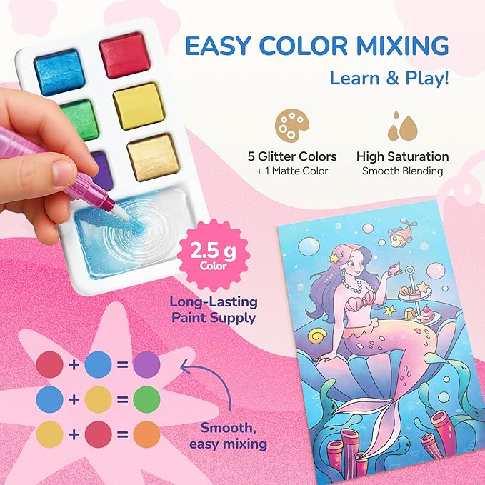 JoyCat 2 Pack Pocket Paint with Water Coloring Books for Kids, Art & Craft Activity Toy Set, Creative Travel & Home Painting Kit, Gifts for Girls & Boys Ages 3-8 (Magical Pony & Ocean Princess)