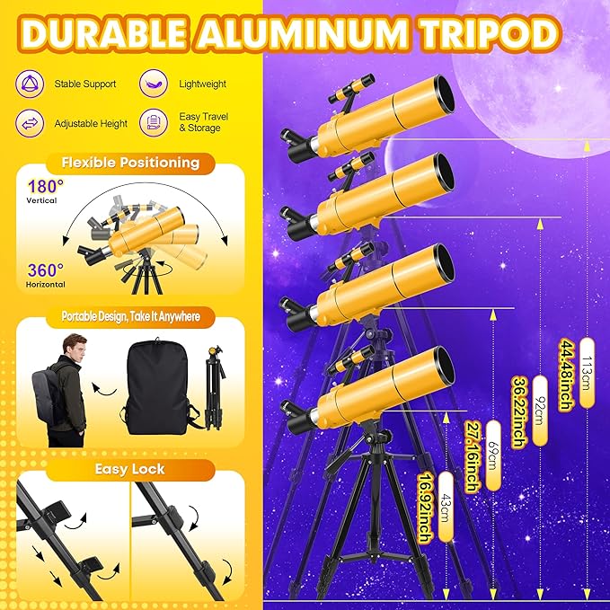 Telescope for Adults & Kids, 80mm Aperture 500mm Portable Refractor Telescope for Astronomy Beginners, Professional Travel Astronomical Telescopes with Tripod, Stickers, Phone Adapter, Backpack