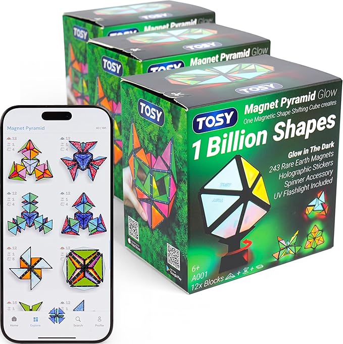 TOSY Magnet Pyramid Glow - 1 Cube Transforms into 1 Billion Shapes, 12 Pieces, 243 Rare Earth Magnets, Glowing, Christmas Stocking Stuffers Gift for Kids, Creative Puzzle STEM/STEAM Toy, 3-Pack