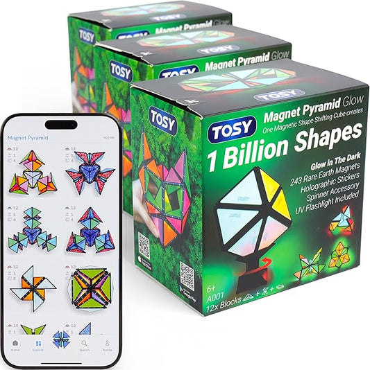 TOSY Magnet Pyramid Glow - 1 Cube Transforms into 1 Billion Shapes, 12 Pieces, 243 Rare Earth Magnets, Glowing, Christmas Stocking Stuffers Gift for Kids, Creative Puzzle STEM/STEAM Toy, 3-Pack
