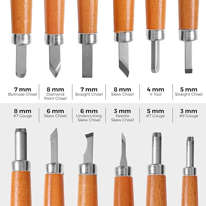 Beginner-Friendly Wood Carving Tools Kit, 15pc Razor Sharp Mini Japanese Pen Chisel Set, DIY Crafts, Lino Cut and Woodworking from Schaaf Tools (Small Handles)