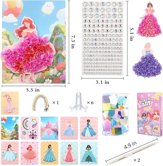 STAOVA 8 Pcs Poke in Art Kits for Girls, DIY Pretty Princess Game with Magical Princesses & 6 Pcs Accessories, Crafts for Kids Ages 4-8, 8-12 (Pink)