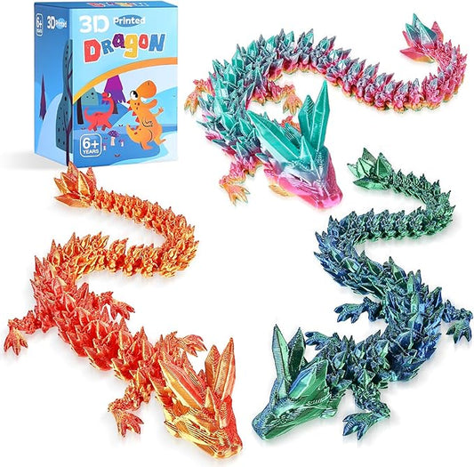 3pcs 12in 3D Printed Crystal Dragon,3D Printed Flexible Articulated Dragon,Home Office Decor Executive Desk Toys, Fidget Toys for Autism/ADHD (Rainbow Red Gold Green)