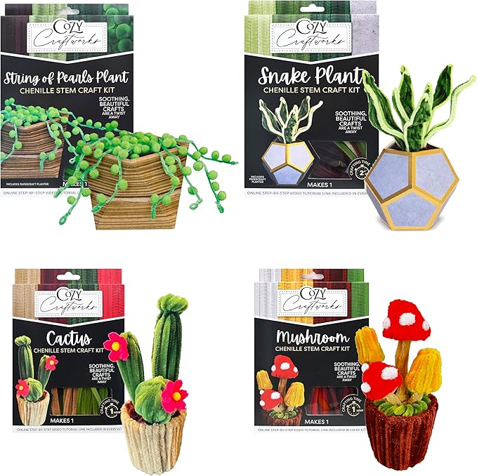 WeVeel Cozy Craftworks Chenille Stem Plant Craft Kit for Adults – Create 4 Botanical Designs (String of Pearls, Snake Plant, Cactus & Mushroom) – Relaxing DIY Arts & Crafts Kit with All Supplies