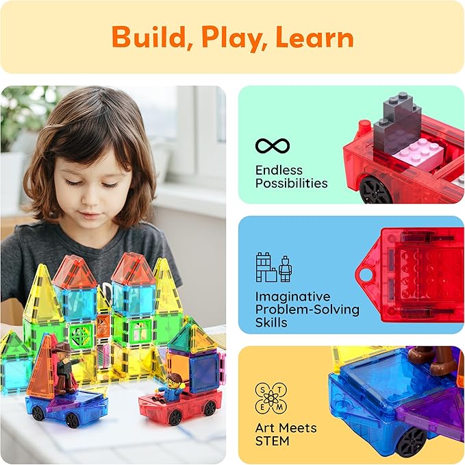 PicassoTiles 2 Piece Car Mini Truck Construction Kit Toy Set Vehicle for Magnetic Blocks Building Tile Sensory Magnet Toys Bricks STEM & Learning Educational School Puzzle Girls Boys Toddlers Ages 3+