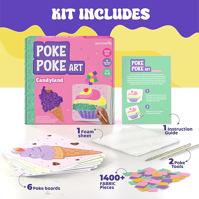jackinthebox Poke Poke Art for Kids - Candyland Theme, Mess-Free Fabric Art and Craft, Flower Pressing Kits, Gift for Kids, Girl Gifts, DIY Activity Boy Gift, Toys for Girls and Boys Ages 4 5 6 7 8