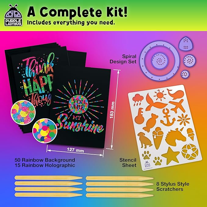 PURPLE LADYBUG Rainbow Scratch Art Paper, 79 PCS Creative Drawing Paper & Stencils - Arts and Crafts for Ages 4-12, Kids Craft Activity Set for Halloween, Christmas Gift, Stocking Stuffers for Kids