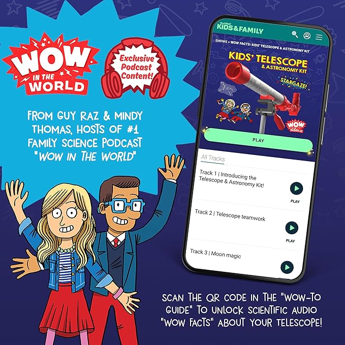 Wow in The World Kids’ Telescope & Astronomy Kit, 25x & 50x Magnification, Adjustable 48” Tripod, Includes Star Wheel & Companion Audio Content, Intro to Astronomy Gift for Ages 6+ by Thames & Kosmos