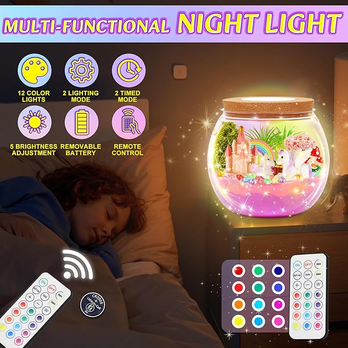 Gifmore Unicorn Terrarium Kit for Kids with LED Night Light & Remote Control, Unicorn Toys & Arts and Crafts for Girls Ages 4-12, Creative Birthday Christmas Gifts for Kids