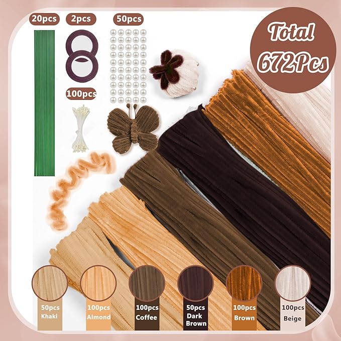 500 Pcs Pipe Cleaners Craft for Flowers, Pastel Chenille Stems for DIY Art Projects Creative Gift(6 Colors), Pipe Cleaner Flower Kit with Floral Stems, Gardening Tape,Stamen& Pearls (Brown Boho)