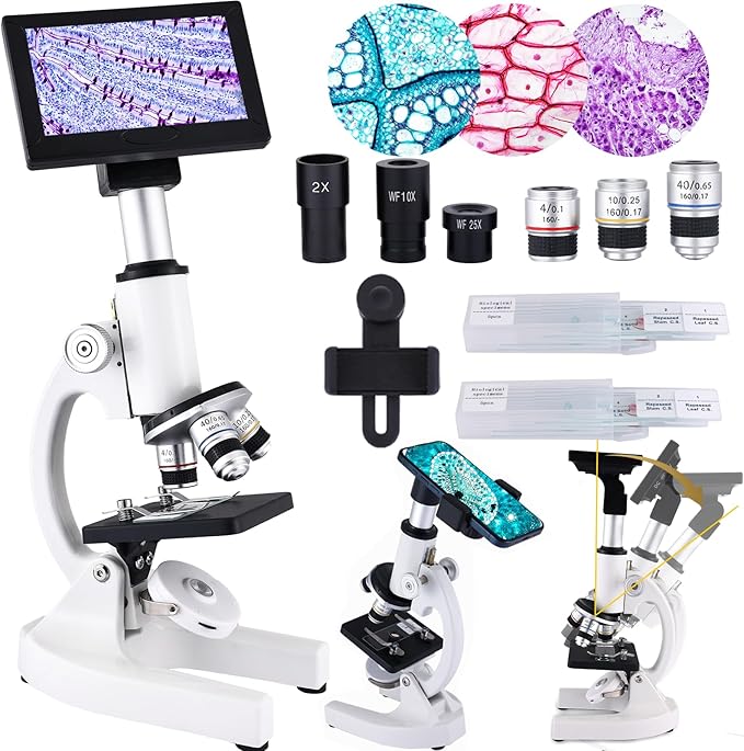 Microscope 40X-2500X Magnification, HD Wide Angle Eyepieces, 4-inch High-Pixel Display with LED Fill Light 3, Cell Phone Observable, for Home School Labs (White)