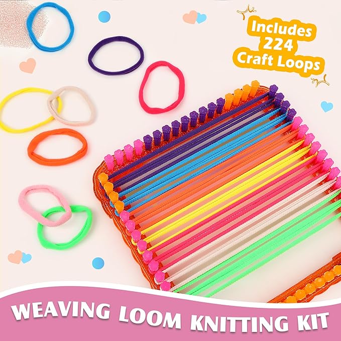 Weaving Loom Kit for Kids Ages 8-12, DIY Arts and Crafts Loom Knitting Projects Set, Ideas Birthday Gifts for Girls Toys, Crochet Kit for Beginners Potholder Tools Creative Supplies With Elastic Cord