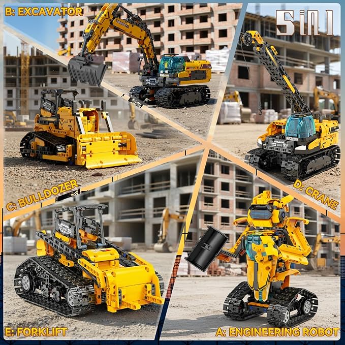 5in1 STEM Robot Building Toys for Kids 6-12, App & Remote Control STEM Excavator Bulldozer Crane Robot Building Kits, 736PCS DIY Educational Construction Building Sets, Erector Set Gift for Boys Girls