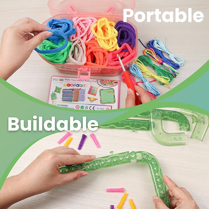 FUNiOi Weaving Loom Kit Toys for Kids, DIY Crafts Projects of 6 Potholders and 10 Friendship Bracelets, 2-in-1 Square Buildable Loom Knitting Kits, Gift Ideas for Girls 6-12 Years Old