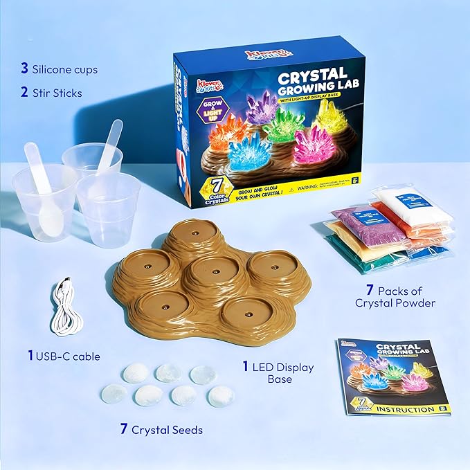 Klever Kits Crystal Growing Lab- 7 Color Crystal Growing Kit with Light-Up Base, Educational Toys Birthday Gift for Boys and Girls, Science Kits for Kids Ages 8-12 by Jova