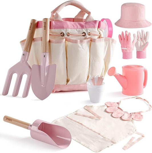 ROBUD Kid Gardening Set, Wooden Garden Tool for Kid, Garden Tool Kit with Tool Storage Bag, Apron, Gloves, Montessori Toys for Kids to be Closed to Nature, WRP51