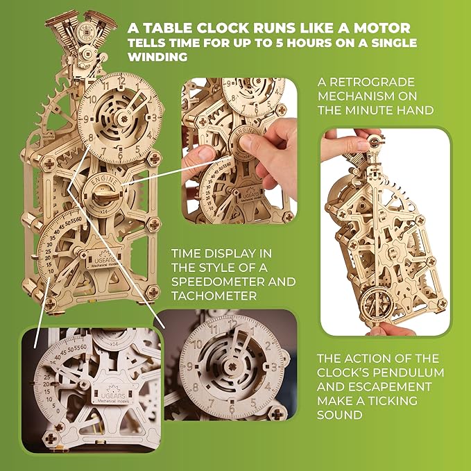 UGEARS Engine Clock 3D Wooden Puzzles for Adults – Wooden Model Kits for Adults, Mechanical Clock Kit with Moving Pistons, Steam Engine Kits, Clocks Kits for Do It Yourself, Brain Teaser 3D Puzzle