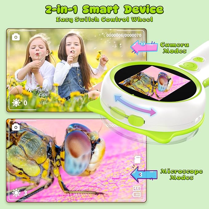 3-in-1 Microscope Camera for Kids, 2" LCD, 600X, Adjustable Focus, Mini Handheld with Handle Magnifying Glass, USB Rechargeable, STEM Kit, Birthday for Ages 3-12 Boys Girls