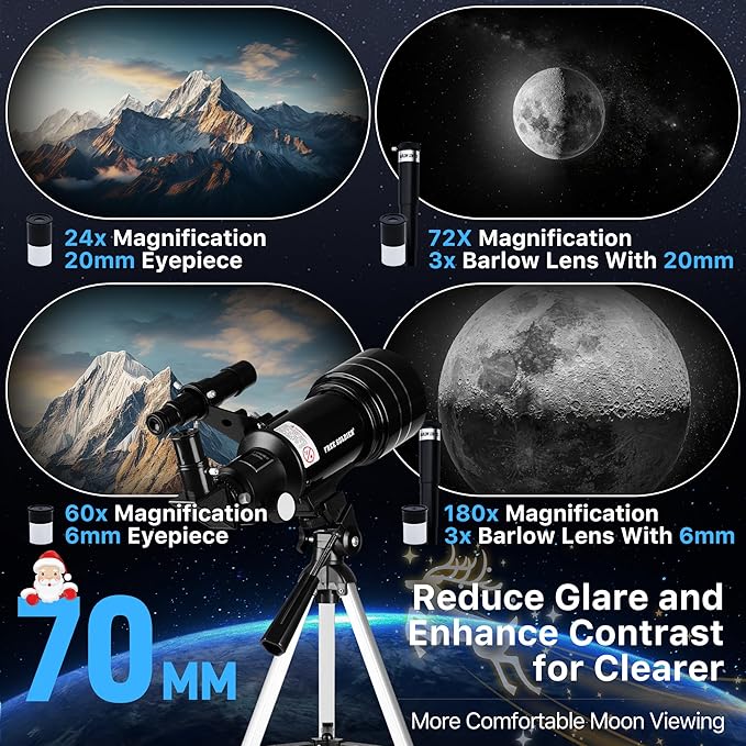FREE SOLDIER Telescope for Kids 70mm Aperture Astronomical Refractor Telescopes for Beginners (15X-150X) 300mm Telescope for Adults High Powered with A Phone Adapter & A Wireless Remote (Black)
