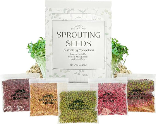 Petal & Pod Microgreens & Sprouting Seeds - Broccoli, Alfalfa, Radish, Mung Bean & Salad Mix Variety Pack for MicroGreens Growing Kit and Sprouting Jars
