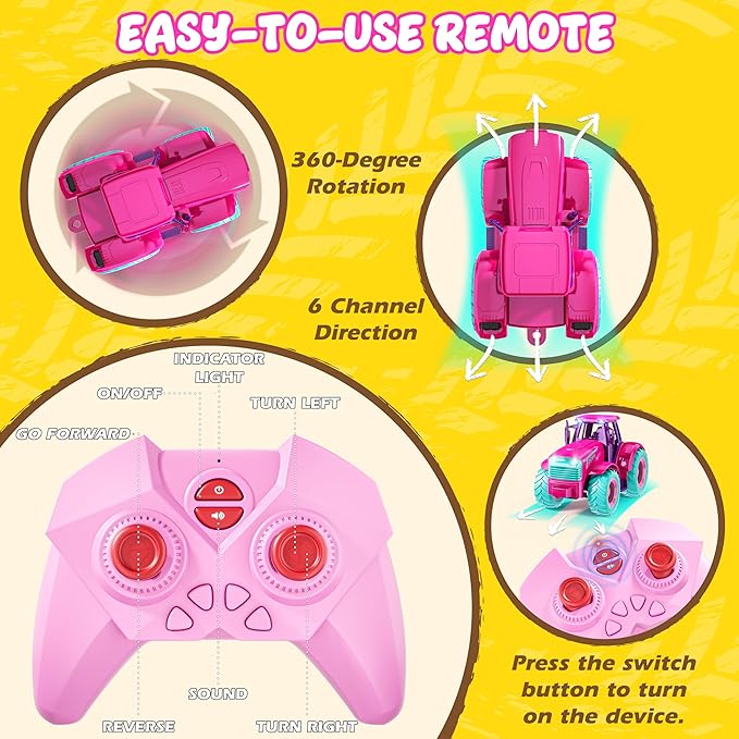 Funwee RC Tractor Toy Set with Light & Sound, Kids Farm Car Animal Trailer Wheels Remote Truck, Outdoor Vehicle Toys Birthday Gift Idea for 3 4 5 6 7+ Years Old Toddler Boys and Girls(Rose red)