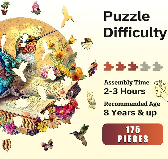 Wooden Puzzles for Adults,Hummingbird On The Book Wooden Jigsaw Puzzles,Unique Shape Advanced Animal Jigsaw Puzzle for Adults.(L-13.4x11.6In 230pcs)