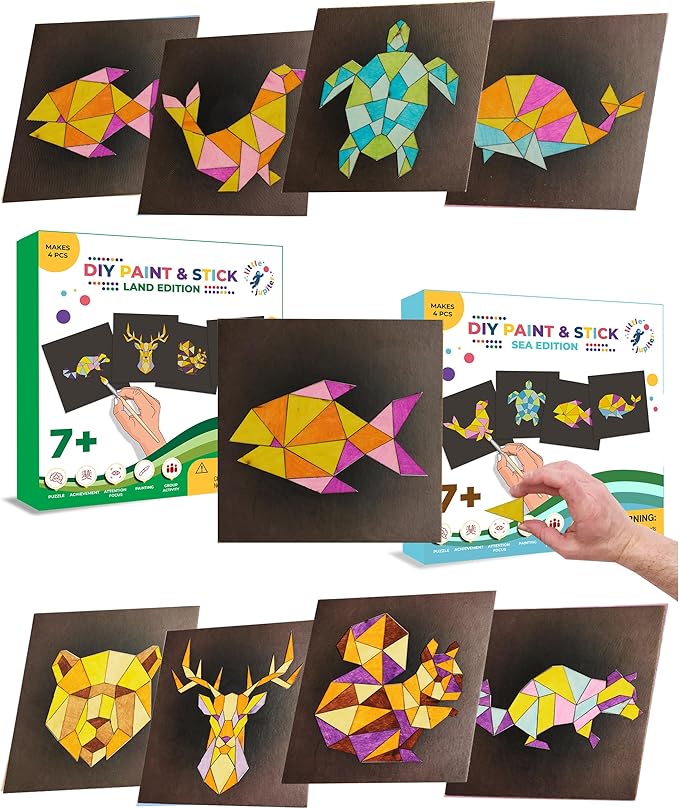 Little Jupiter Paint & Stick (Land & Sea) - Makes 4pcs - Mosaic Art - Wood Painting Crafts for Ages 7-12 Yrs - DIY Kids Crafts Kits - Paint by Numbers Kit - Mosaic Crafts