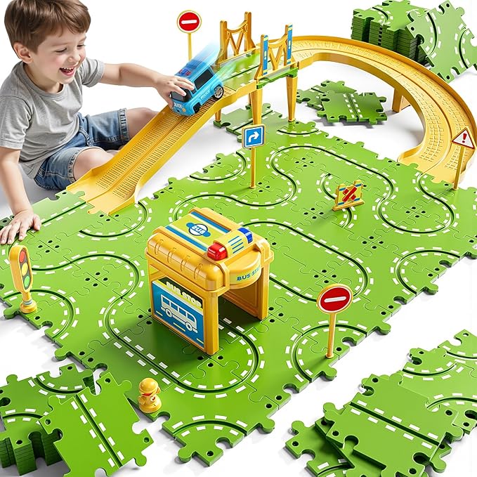 2-Tier Large Puzzle Race Car Track Set for Kids 3-5, Puzzle Tracks Car Play Set, Race Tracks Toys for Toddler Boys 3 4 5 6 Year Old, Birthday Gifts for Kids 3 4 5 6 7 8 Year Old Boys Girls