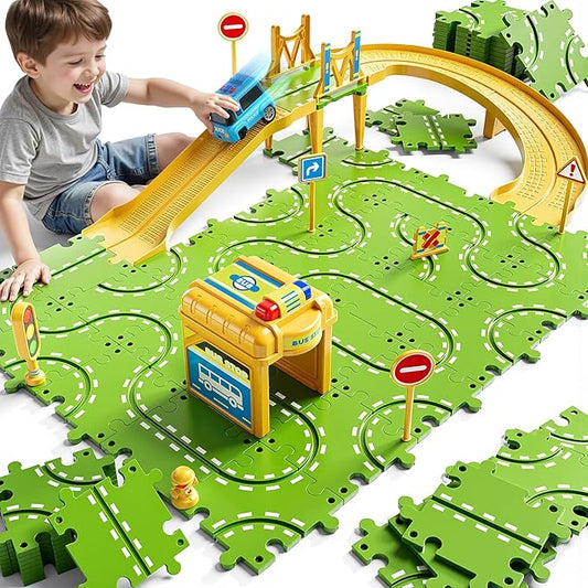 2-Tier Large Puzzle Race Car Track Set for Kids 3-5, Puzzle Tracks Car Play Set, Race Tracks Toys for Toddler Boys 3 4 5 6 Year Old, Birthday Gifts for Kids 3 4 5 6 7 8 Year Old Boys Girls