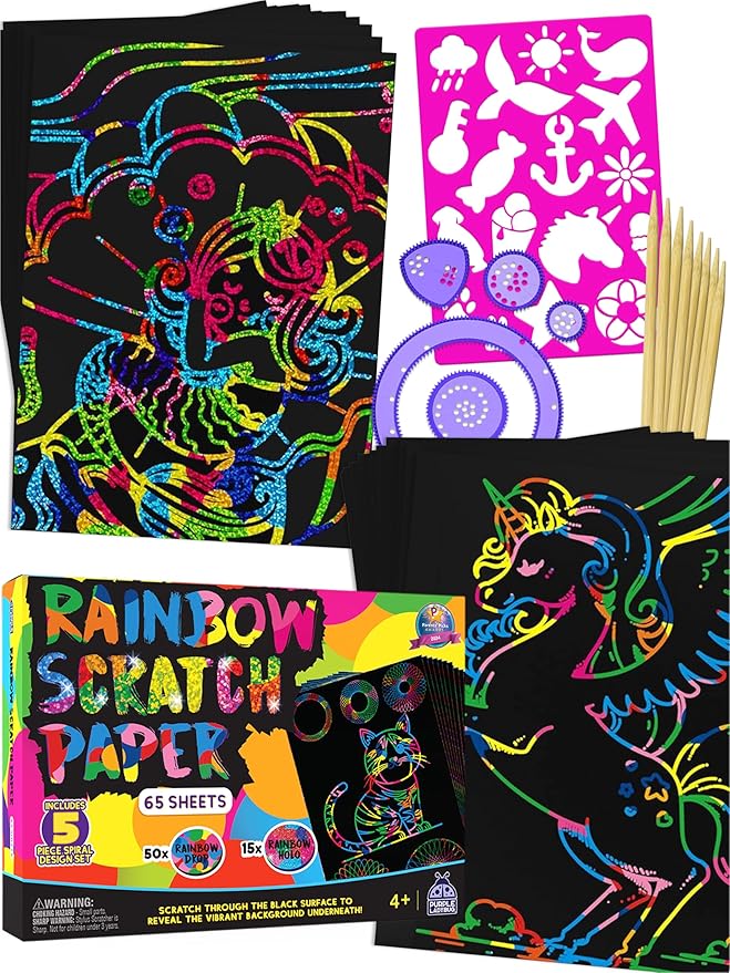 PURPLE LADYBUG Rainbow Scratch Art Paper, 79 PCS Creative Drawing Paper & Stencils - Arts and Crafts for Ages 4-12, Kids Craft Activity Set for Halloween, Christmas Gift, Stocking Stuffers for Kids